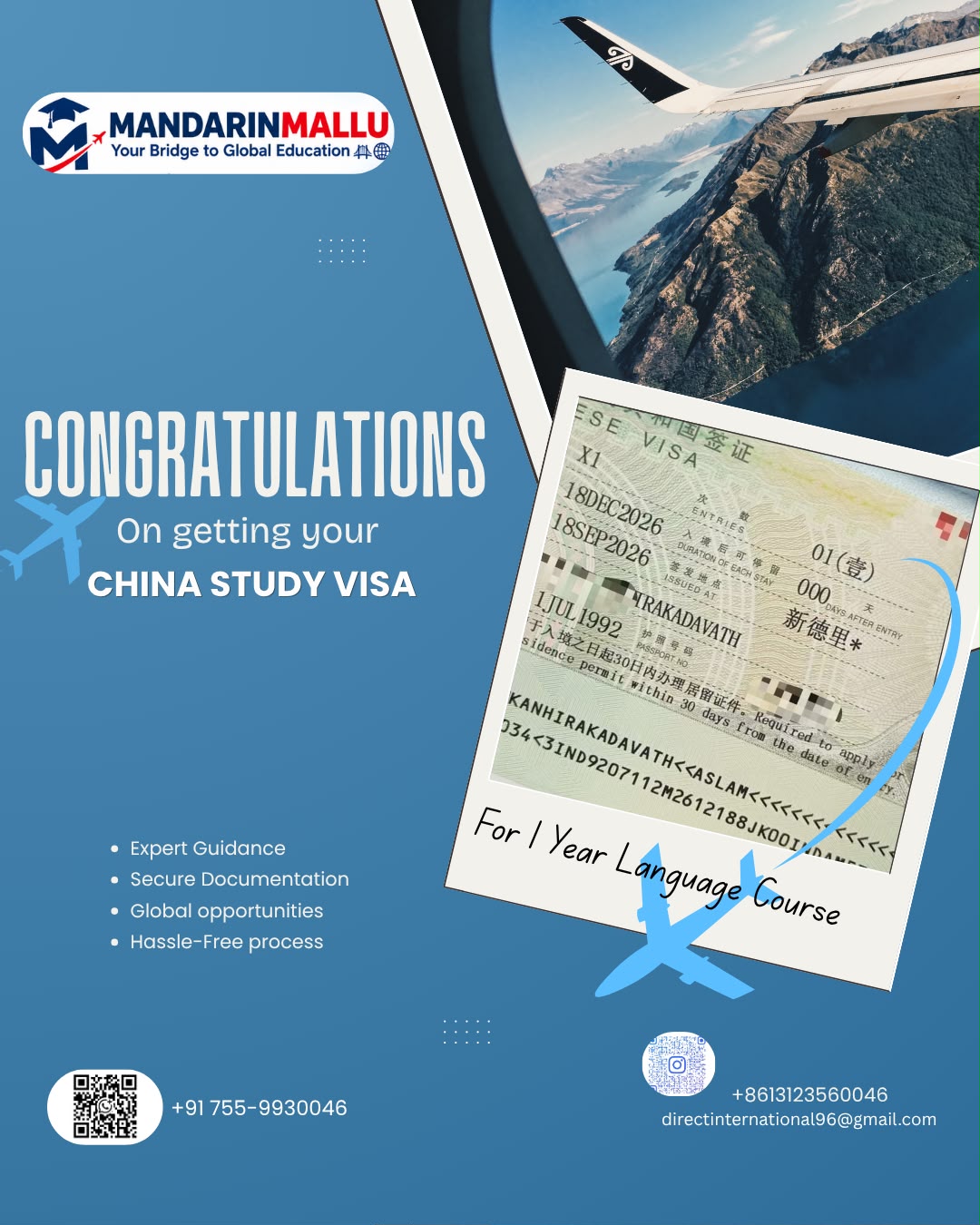 MandarinMallu student celebrating study abroad success